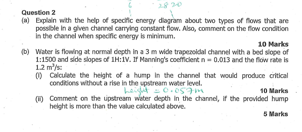 2820 Question 2 A Explain With The Help Of Specific Energy Diagram About Two Types Of Flows That Are Possible In A Giv 1