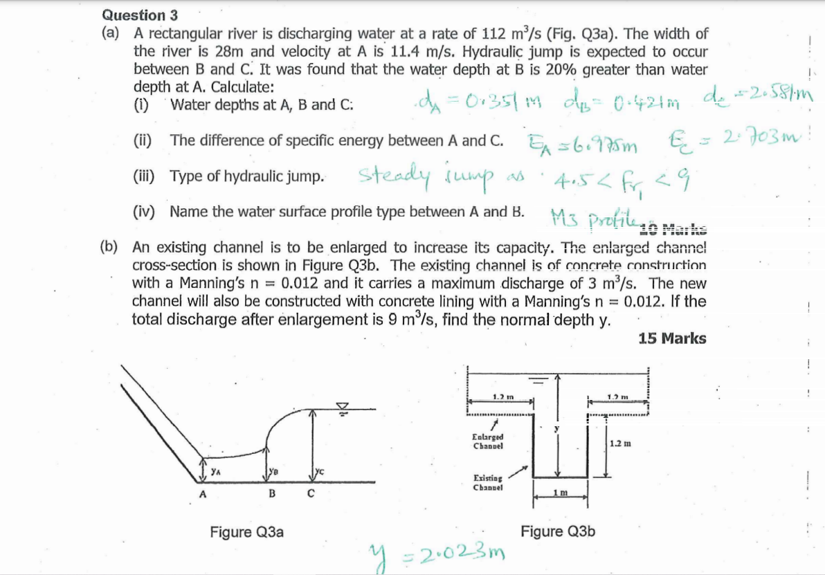 De 2 581m Question 3 A A Rectangular River Is Discharging Water At A Rate Of 112 M S Fig Q3a The Width Of The Ri 1