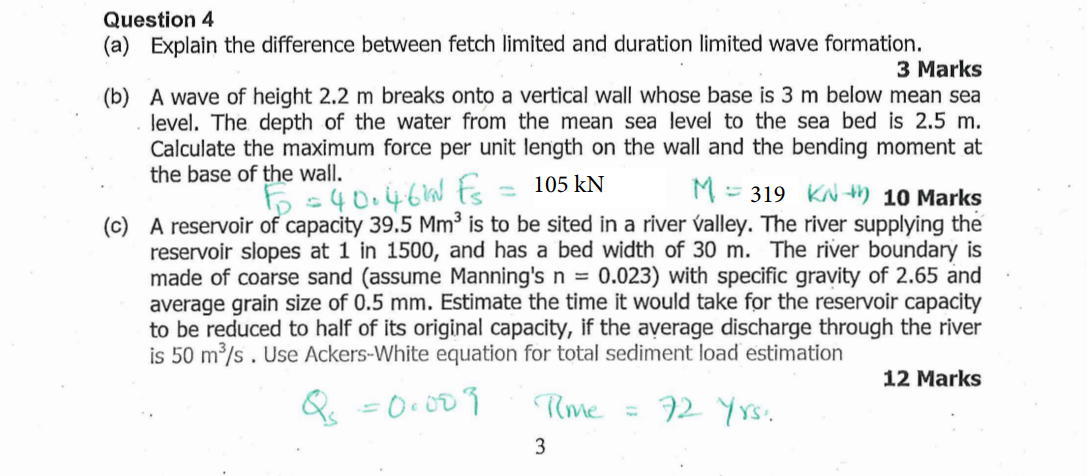 Question 4 A Explain The Difference Between Fetch Limited And Duration Limited Wave Formation 3 Marks B A Wave Of H 1