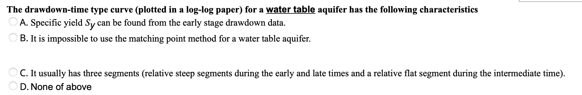 The Drawdown Time Type Curve Plotted In A Log Log Paper For A Water Table Aquifer Has The Following Characteristics A 1