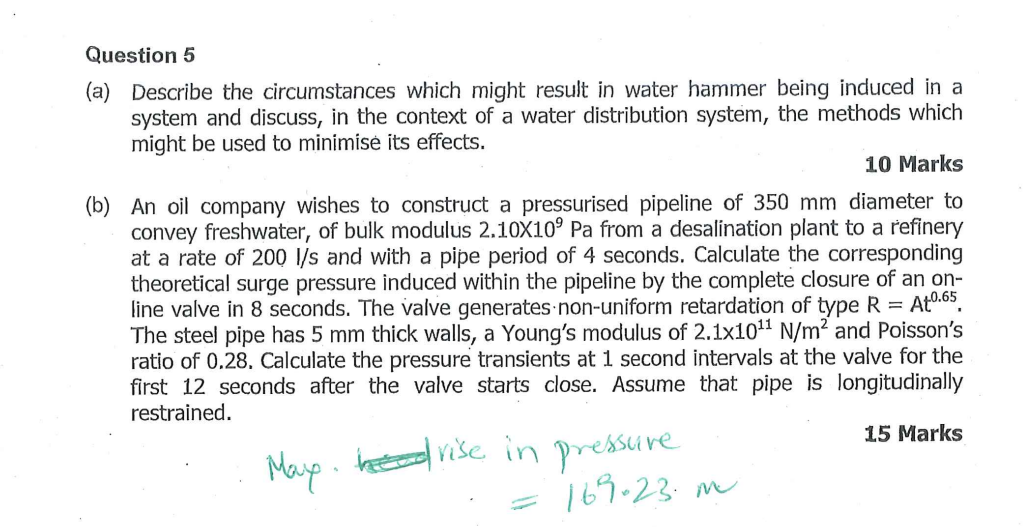 Question 5 A Describe The Circumstances Which Might Result In Water Hammer Being Induced In A System And Discuss In T 1