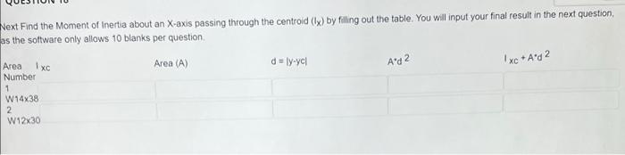 Next Find The Moment Of Inertia About An X Axis Passing Through The Centroid 1x By Filling Out The Table You Will Inp 1
