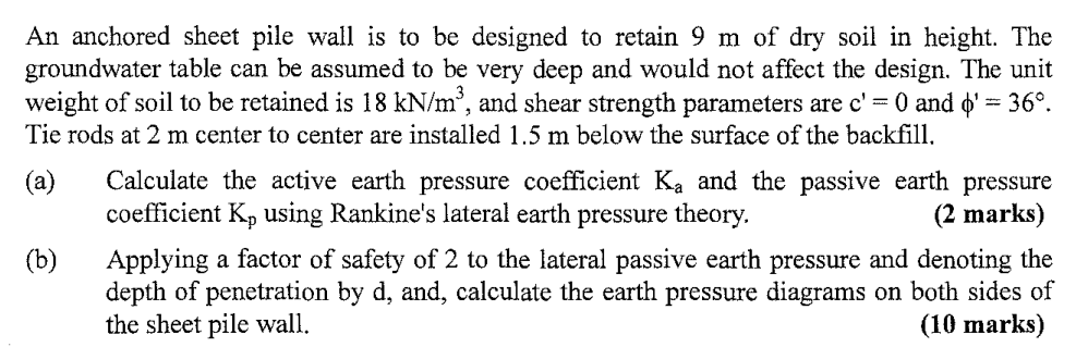 An Anchored Sheet Pile Wall Is To Be Designed To Retain 9 M Of Dry Soil In Height The Groundwater Table Can Be Assumed 1