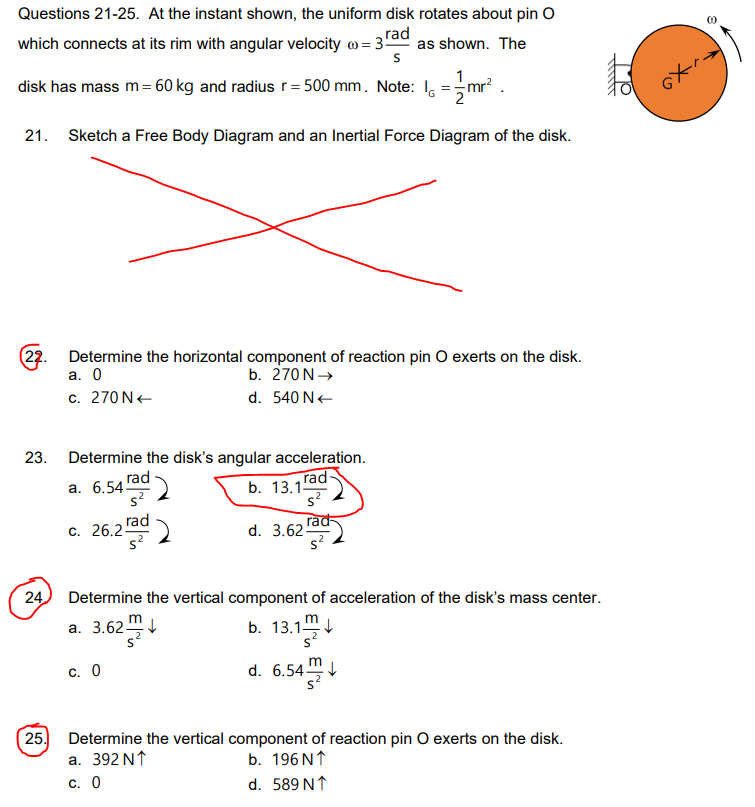 Questions 21 25 At The Instant Shown The Uniform Disk Rotates About Pin O Rad Which Connects At Its Rim With Angular V 1
