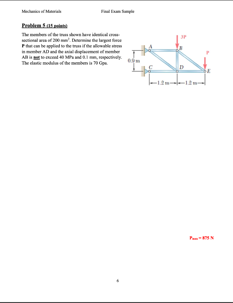 Mechanics Of Materials Final Exam Sample Problem 5 15 Points 3p The Members Of The Truss Shown Have Identical Cross S 1