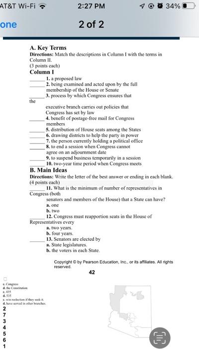 At T Wi Fi 2 27 Pm 34 One 2 Of 2 A Key Terms Directions Match The Descriptions In Column I With The Terms In Column I 1