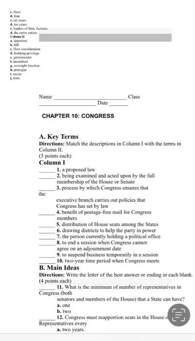 At T Wi Fi 2 27 Pm 34 One 2 Of 2 A Key Terms Directions Match The Descriptions In Column I With The Terms In Column I 2