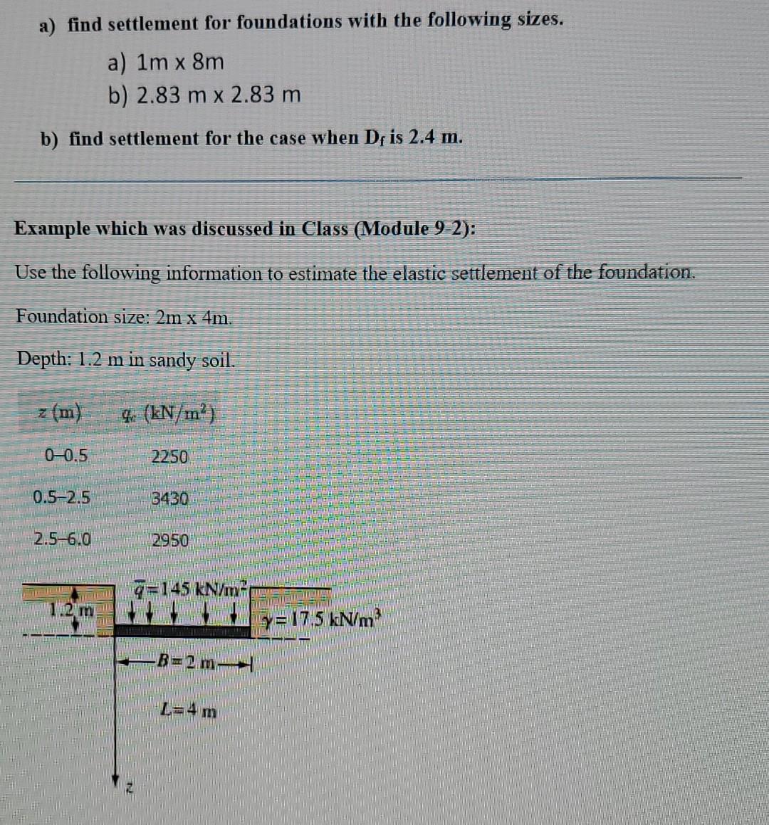 A Find Settlement For Foundations With The Following Sizes A 1m X 8m B 2 83 M X 2 83 M B Find Settlement For The Ca 1