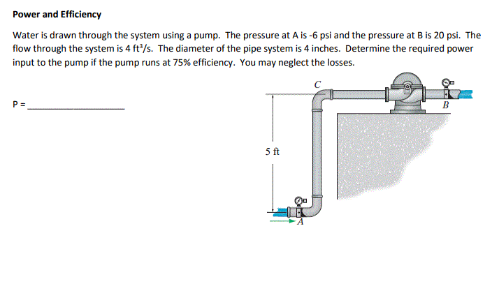 Power And Efficiency Water Is Drawn Through The System Using A Pump The Pressure At A Is 6 Psi And The Pressure At B I 1