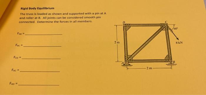 Rigid Body Equilibrium The Truss Is Loaded As Shown And Supported With A Pin At A And Roller At 8 All Joints Can Be Con 1