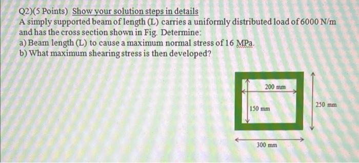 Q2 5 Points Show Your Solution Steps In Details A Simply Supported Beam Of Length L Carries A Uniformly Distributed 1