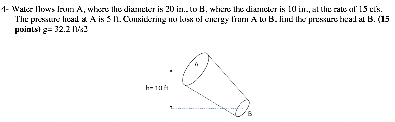 4 Water Flows From A Where The Diameter Is 20 In To B Where The Diameter Is 10 In At The Rate Of 15 Cfs The Pres 1