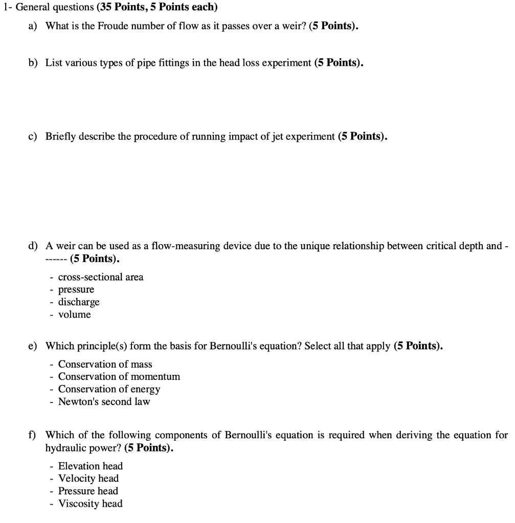 1 General Questions 35 Points 5 Points Each A What Is The Froude Number Of Flow As It Passes Over A Weir 5 Points 1