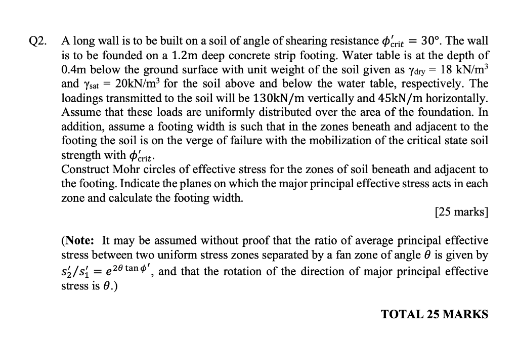 Q2 A Long Wall Is To Be Built On A Soil Of Angle Of Shearing Resistance Crit A 30 The Wall Is To Be Founded On A 1 1