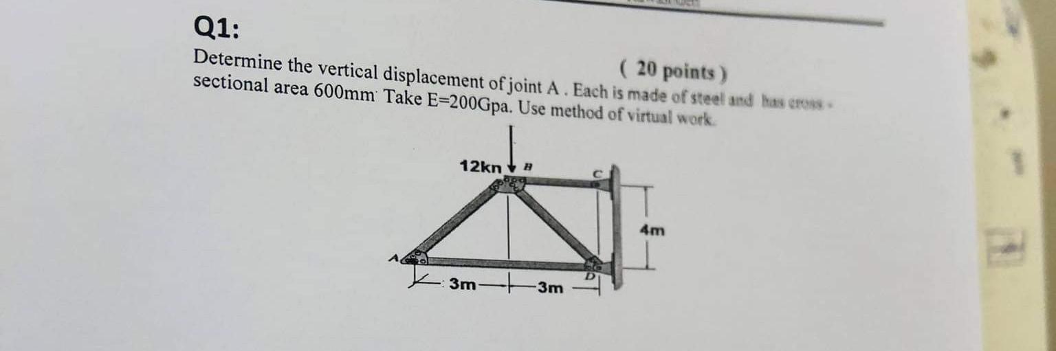 Q1 20 Points Determine The Vertical Displacement Of Joint A Each Is Made Of Steel And Laseros Sectional Area 600mm 1