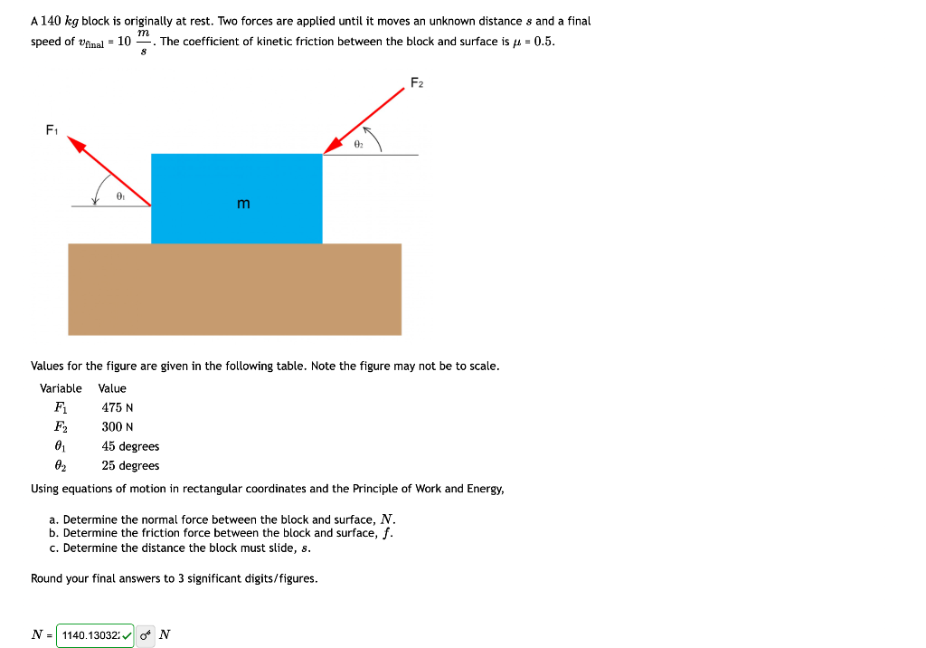 A 140 Kg Block Is Originally At Rest Two Forces Are Applied Until It Moves An Unknown Distance S And A Final Speed Of U 1