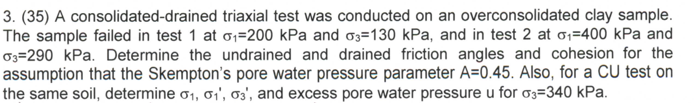 3 35 A Consolidated Drained Triaxial Test Was Conducted On An Overconsolidated Clay Sample The Sample Failed In Test 1