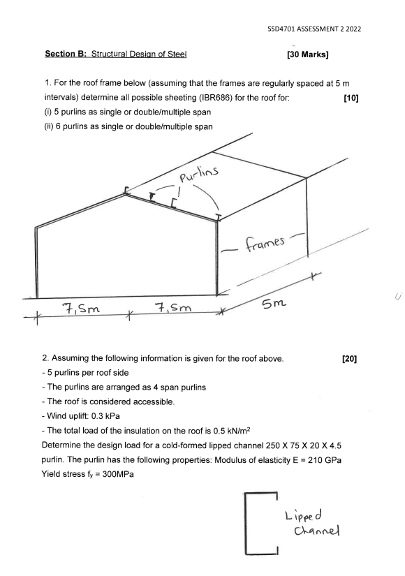 Ssd4701 Assessment 2 2022 Section B Structural Design Of Steel 30 Marks 1 For The Roof Frame Below Assuming That Th 1