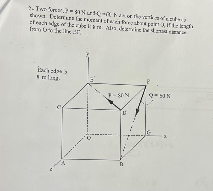 2 Two Forces P 80 N And Q 60 N Act On The Vertices Of A Cube As Shown Determine The Moment Of Each Force About Poin 1