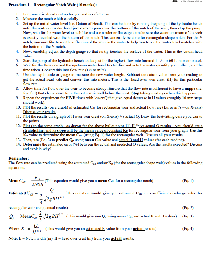 Objectives 1 To Calibrate Rectangular And V Notch Weirs Develop The Rating Curves For Both Weirs I E Plot Head H A 2