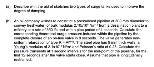 A Describe With The Aid Of Sketches Two Types Of Surge Tanks Used To Improve The Degree Of Damping B An Oil Company 1