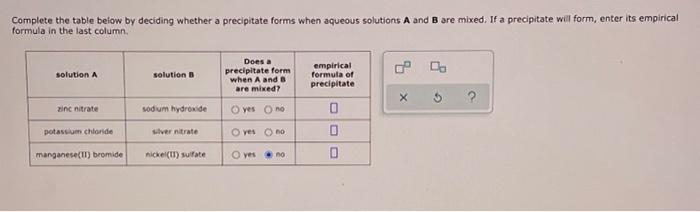 Complete The Table Below By Deciding Whether A Precipitate Forms When Aqueous Solutions A And B Are Mixed If A Precipit 1