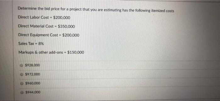 Determine The Bid Price For A Project That You Are Estimating Has The Following Itemized Costs Direct Labor Cost 200 1