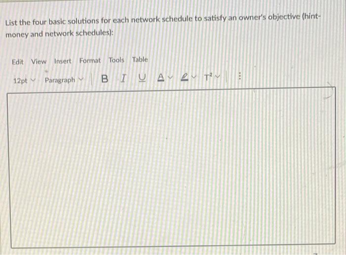 List The Four Basic Solutions For Each Network Schedule To Satisfy An Owner S Objective Hint Money And Network Schedul 1