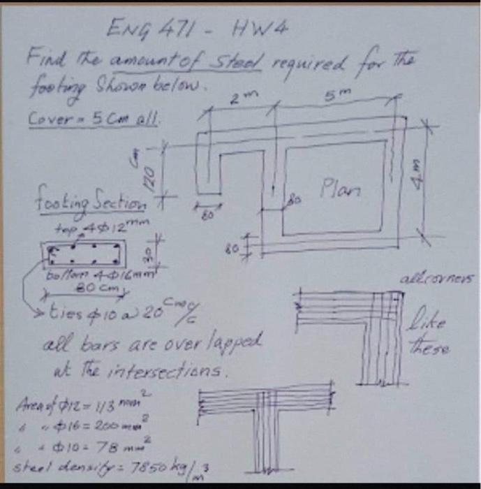 Eng 471 Hw4 Find The Amount Of Steel Required For The Sted Fooling Skor Below 2 M 5 M Cover 5 Con All Plan Footing Secti 1