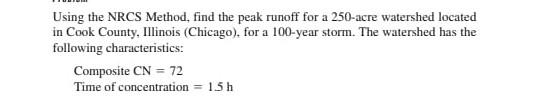 Using The Nrcs Method Find The Peak Runoff For A 250 Acre Watershed Located In Cook County Illinois Chicago For A 1 1