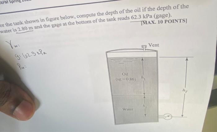 Afm Or The Tank Shown In Figure Below Compute The Depth Of The Oil If The Depth Of The Water Is 2 80 M And The Gage At 1