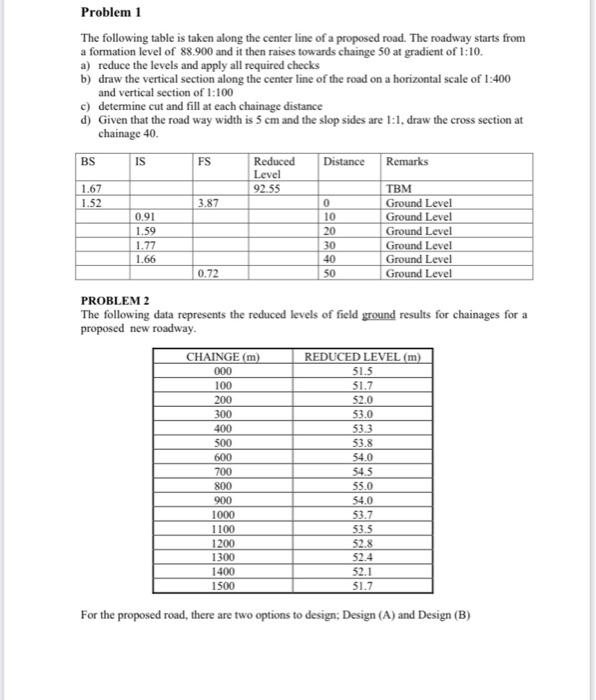 Problem 1 The Following Table Is Taken Along The Center Line Of A Proposed Road The Roadway Starts From A Formation Lev 1