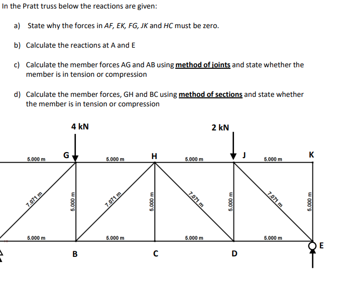 In The Pratt Truss Below The Reactions Are Given A State Why The Forces In Af Ek Fg Jk And Hc Must Be Zero B Calc 1