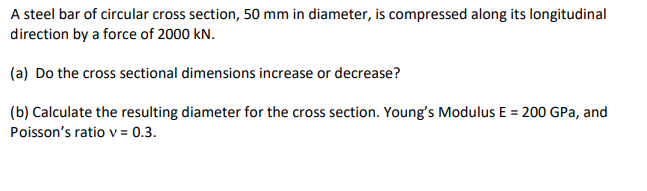 A Steel Bar Of Circular Cross Section 50 Mm In Diameter Is Compressed Along Its Longitudinal Direction By A Force Of 2 1