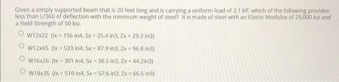 Given A Simply Supported Beam That Is 20 Feet Long And Is Carrying A Uniform Load Of 2 1 Klf Which Of The Following Pro 1