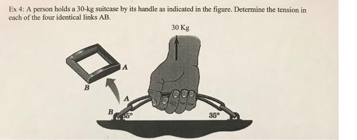 Ex 4 A Person Holds A 30 Kg Suitcase By Its Handle As Indicated In The Figure Determine The Tension In Each Of The Fou 1