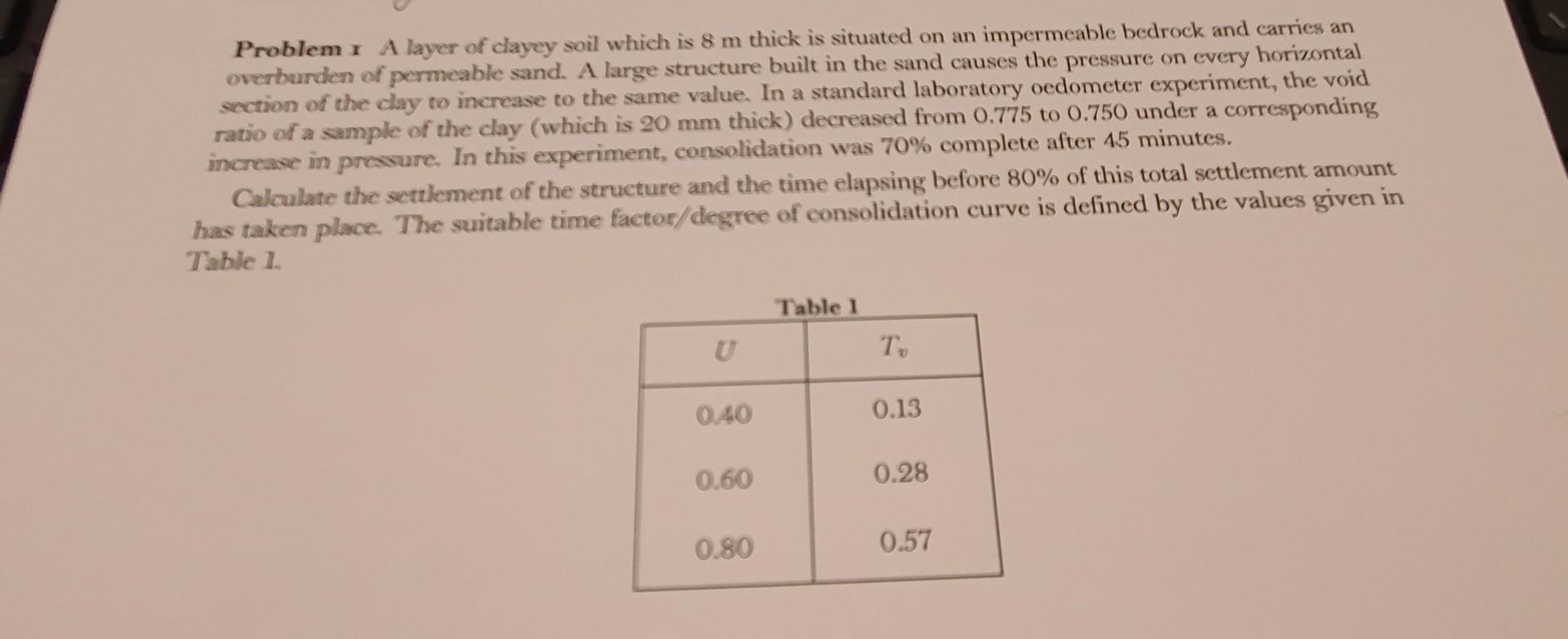 Problem I A Layer Of Clayey Soil Which Is 8 M Thick Is Situated On An Impermeable Bedrock And Carries An Overburden Of P 1