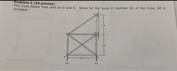 Problem 2 30 Points The Truss Below Has Pins At D And E Solve For The Force In Member Ac Of The Truss Ae Is Constant 1