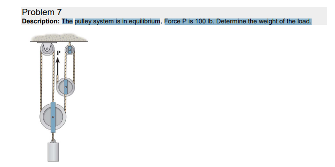 Problem 7 Description The Pulley System Is In Equilibrium Force P Is 100 Lb Determine The Weight Of The Load Ceerde 1
