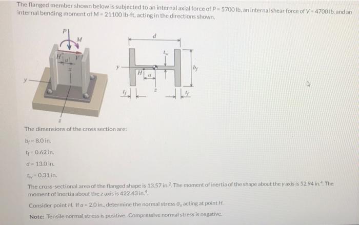 The Flanged Member Shown Below Is Subjected To An Internal Axial Force Of P 5700 Lb An Internal Shear Force Of V4700 1b 1