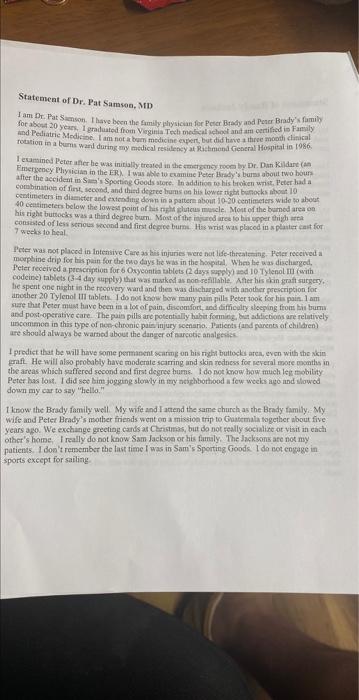 Statement Of Dr Pat Samson Md Form Dr Put Samson I Have Been The Family Jiyaician For Peter Brady And Peter Brady S 2