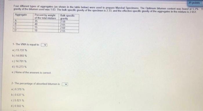 25 Points Four Different Types Of Aggregates As Shown In The Table Below Were Used To Prepare Marshal Specimens The Op 1