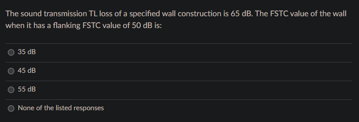 The Sound Transmission Tl Loss Of A Specified Wall Construction Is 65 Db The Fstc Value Of The Wall When It Has A Flank 1