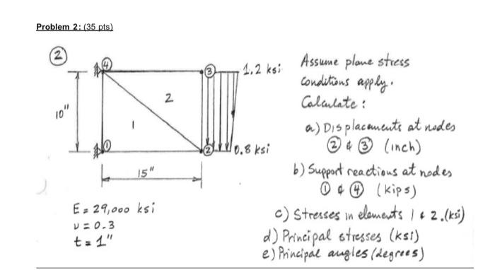 Problem 2 35 Pts 2 1 2 Ksi Assume Plane Stress Conditions Apply Calculate A Displacements At Nodes 0 8 Ksi 1