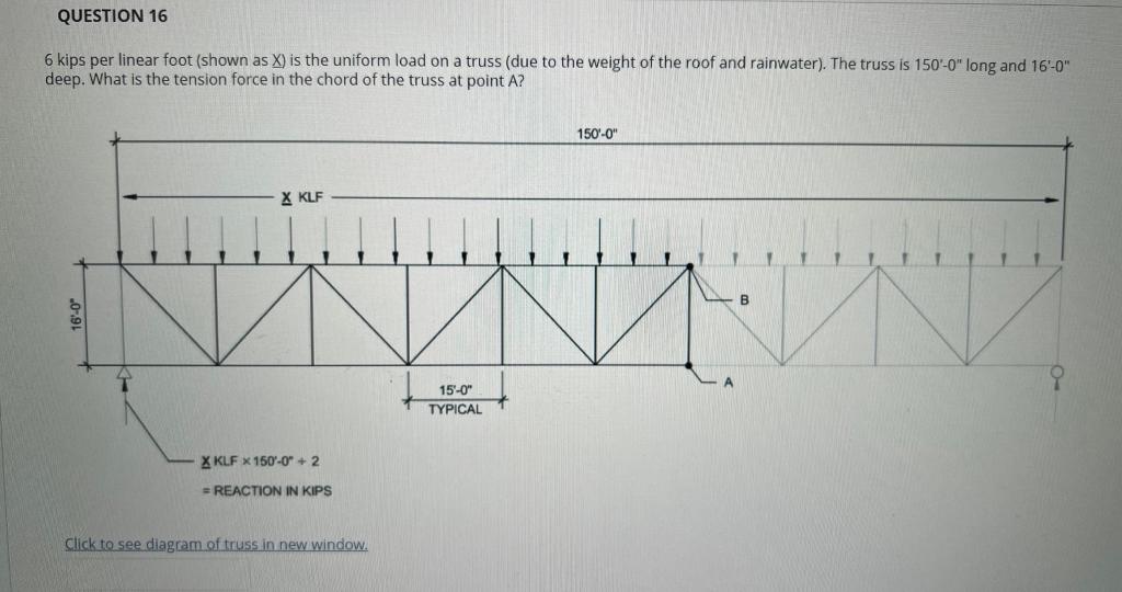 Question 16 6 Kips Per Linear Foot Shown As X Is The Uniform Load On A Truss Due To The Weight Of The Roof And Rainwa 1