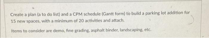 Create A Plan A To Do List And A Cpm Schedule Gantt Form To Build A Parking Lot Addition For 15 New Spaces With A M 1