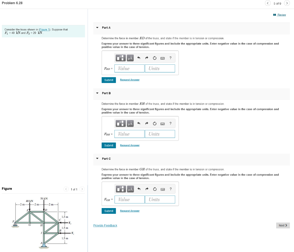 Problem 6 28 5 Of 9 Review Part A Consider The Truss Shown In Figure 1 Suppose That F 40 Kn And F2 20 Kn Determ 1