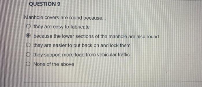 Question 9 Manhole Covers Are Round Because O They Are Easy To Fabricate Because The Lower Sections Of The Manhole Ar 1