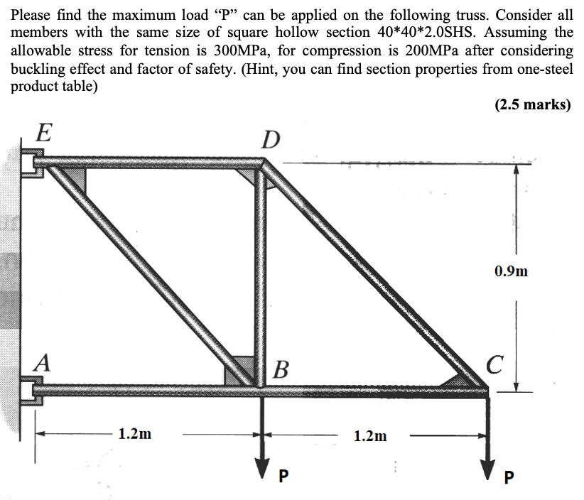 Please Find The Maximum Load P Can Be Applied On The Following Truss Consider All Members With The Same Size Of Squar 1