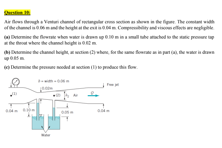 Question 10 Air Flows Through A Venturi Channel Of Rectangular Cross Section As Shown In The Figure The Constant Width 1